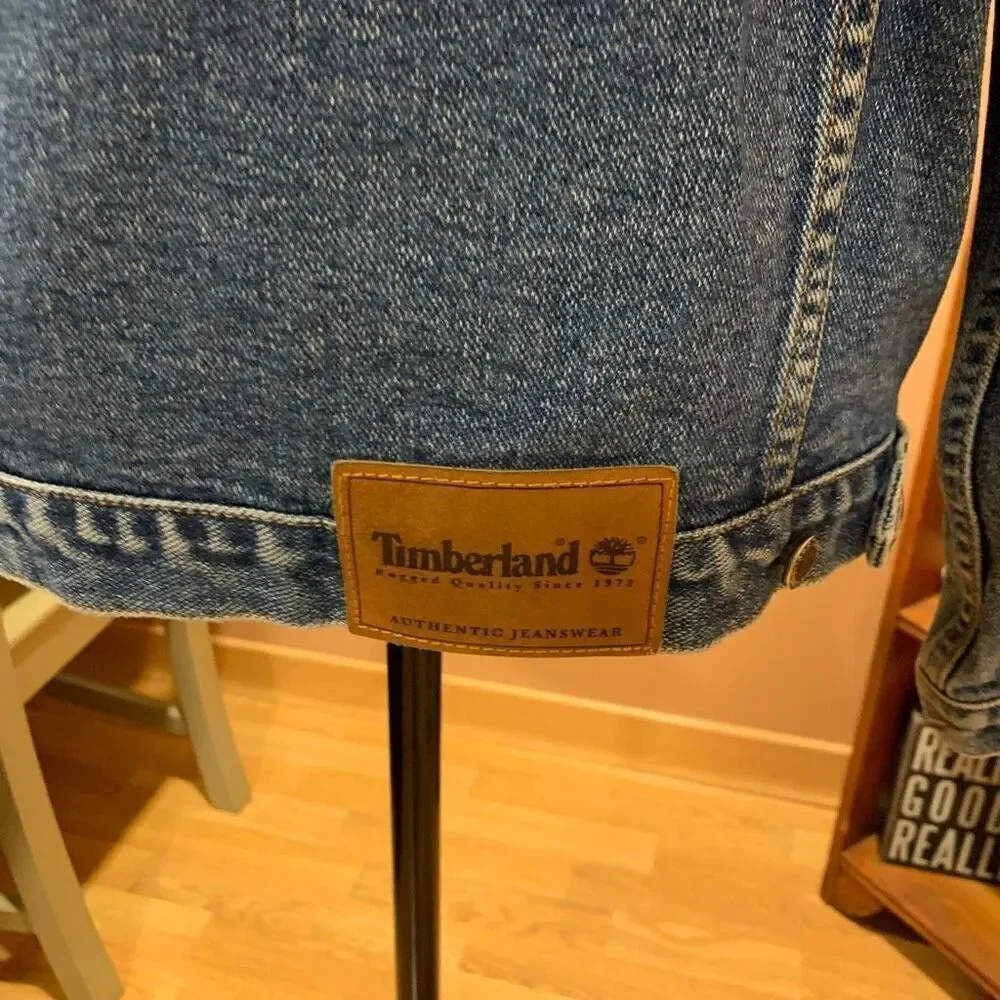 Timberland VTG 90s Jean Jacket Leather Trim Mid Wash Blue Western Trucker Men XS